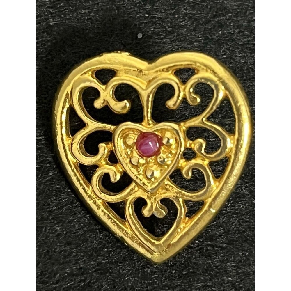 Vintage Valentine's Day Gold Tone "Harriet Carter" Heart Filigree Ruby Tack Pin